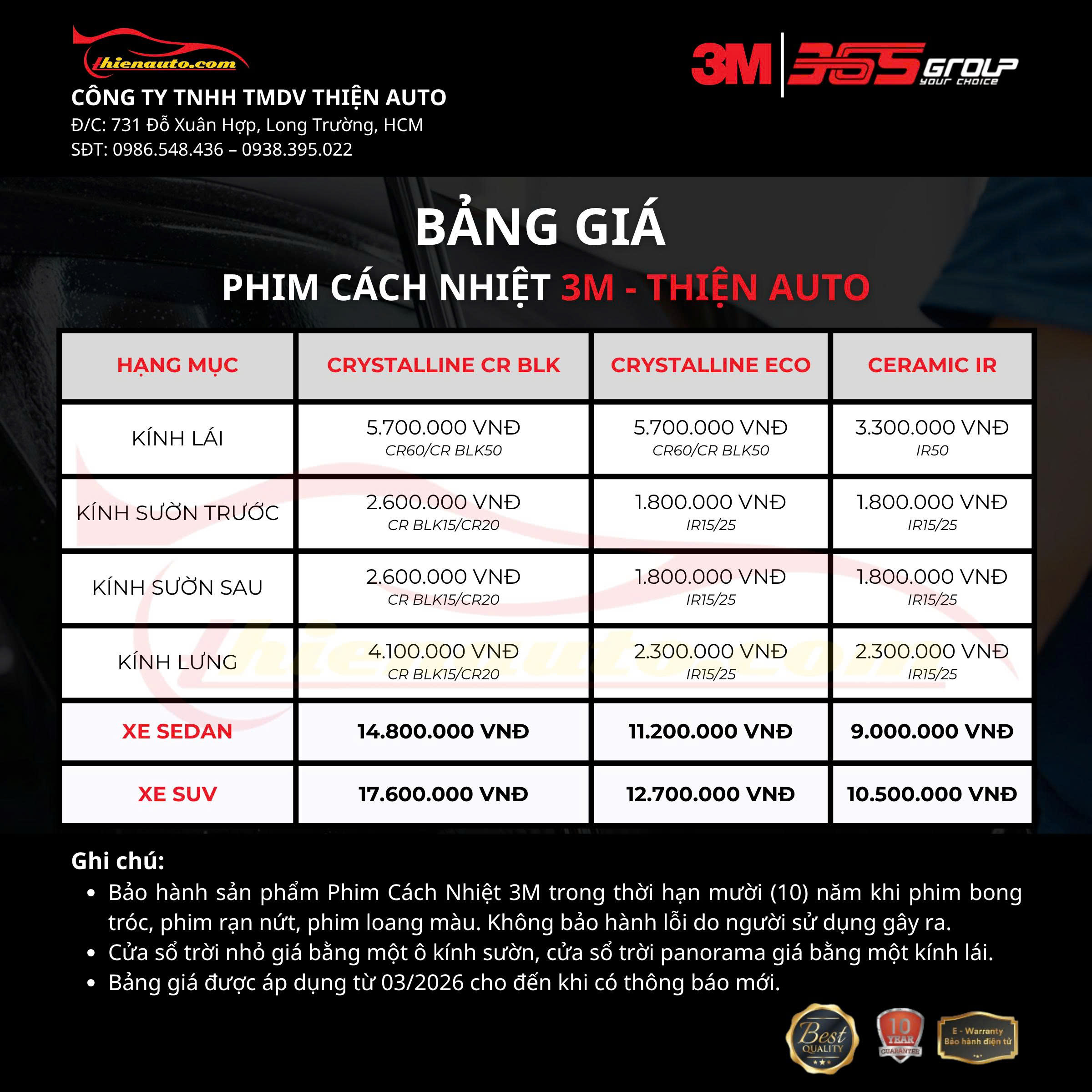Bảng giá phim cách nhiệt 3M tham khảo