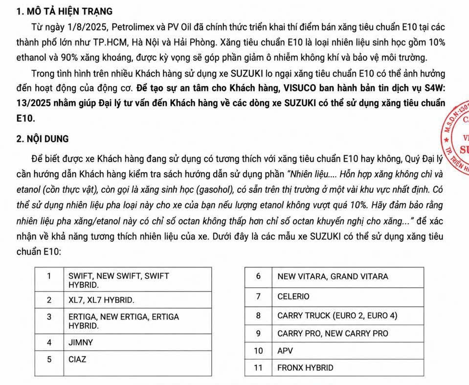 Hình ảnh trích từ công văn hướng dẫn về các dòng xe sử dụng xăng E10 từ Suzuki Việt Nam